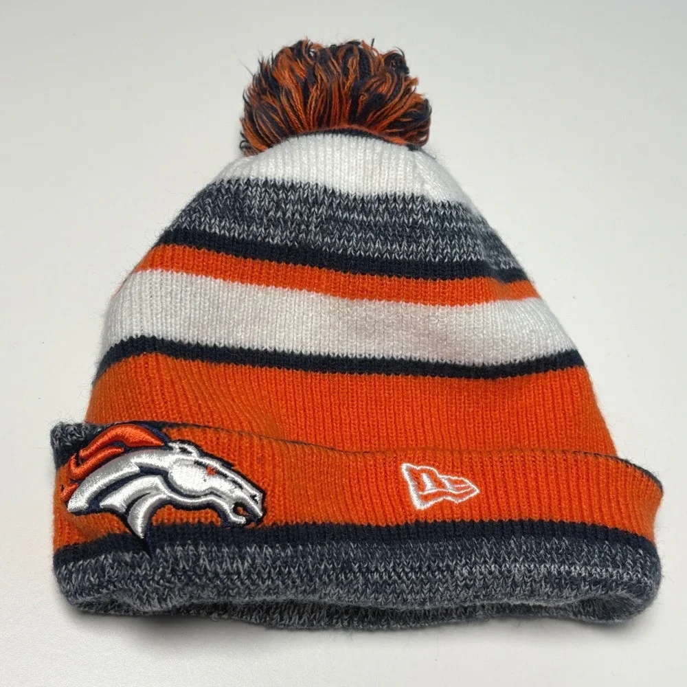 Youth Denver Broncos NFL Cuffed Pom Striped Knit Hat  New Era Beanie Orange